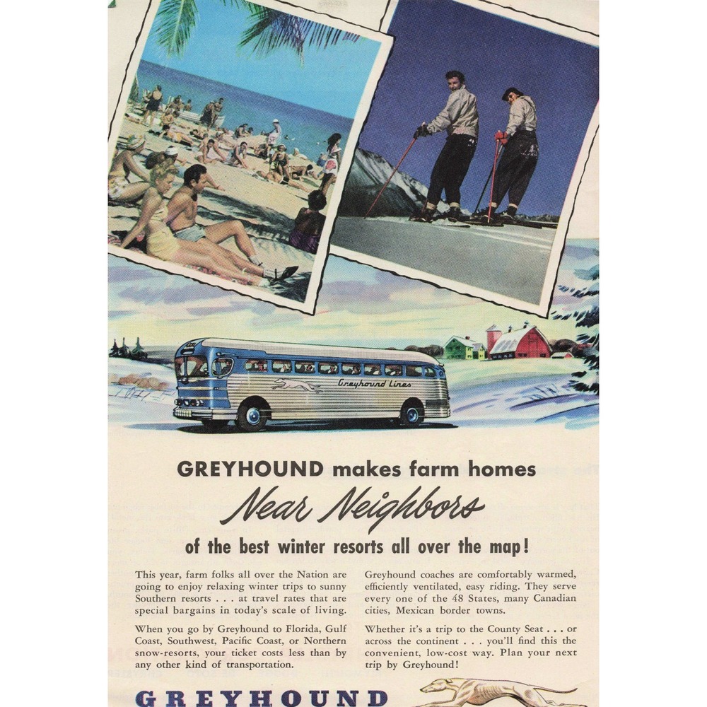 Vintage Greyhound Lines Print Ad Winter Resort Travel Mid-Century Bus Art 1940s - Picture 1 of 1